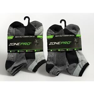 Zone Pro Men’s Half Cushion Low Cut Socks 8 Pair Gray Black Shoe Size 6-12 NEW